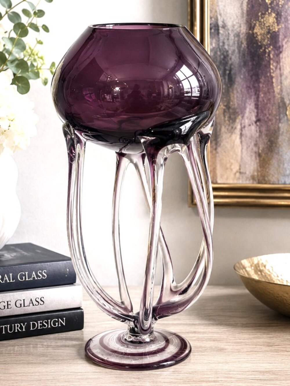 Vintage Jozefina Krosno Poland Hand Blown Amethyst Art Glass Jellyfish Pedestal